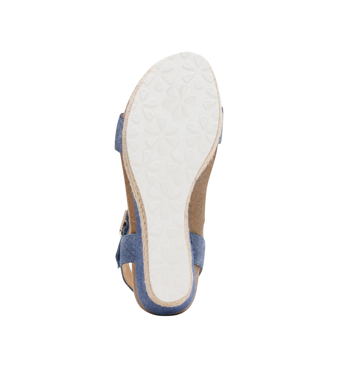 House of Florian Sydney Denim wedge sandal featuring a blue denim upper and a white floral patterned rubber sole.
