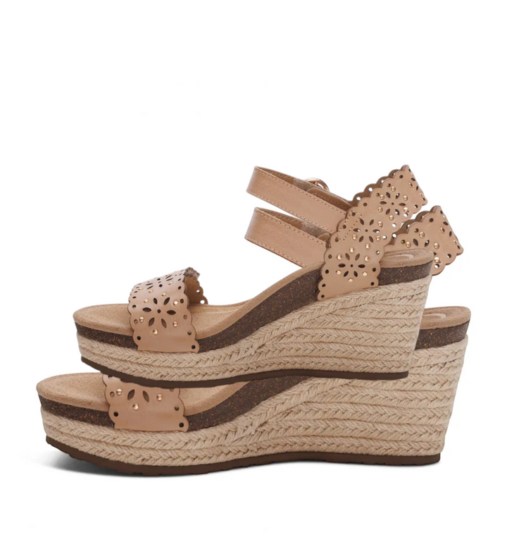 House of Florian Sydney sand espadrille wedge sandals with laser-cut floral details and memory foam footbed