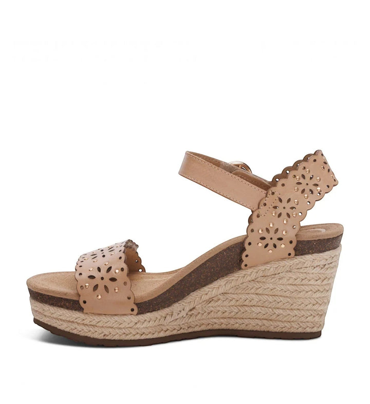 House of Florian Sydney sand espadrille wedge sandal with laser-cut floral details and memory foam footbed