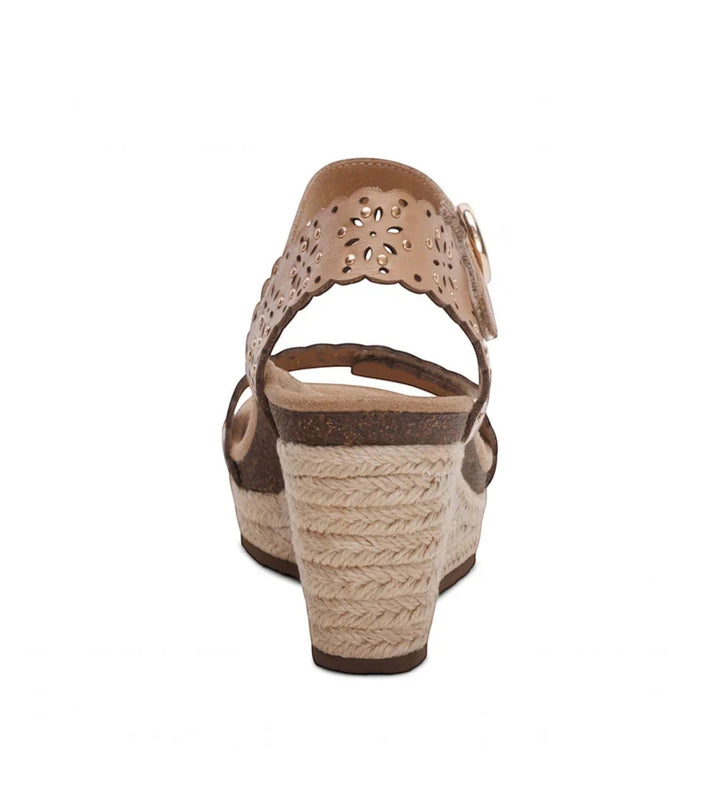 House of Florian Sydney sand espadrille wedge sandal with laser-cut floral details and an adjustable ankle strap