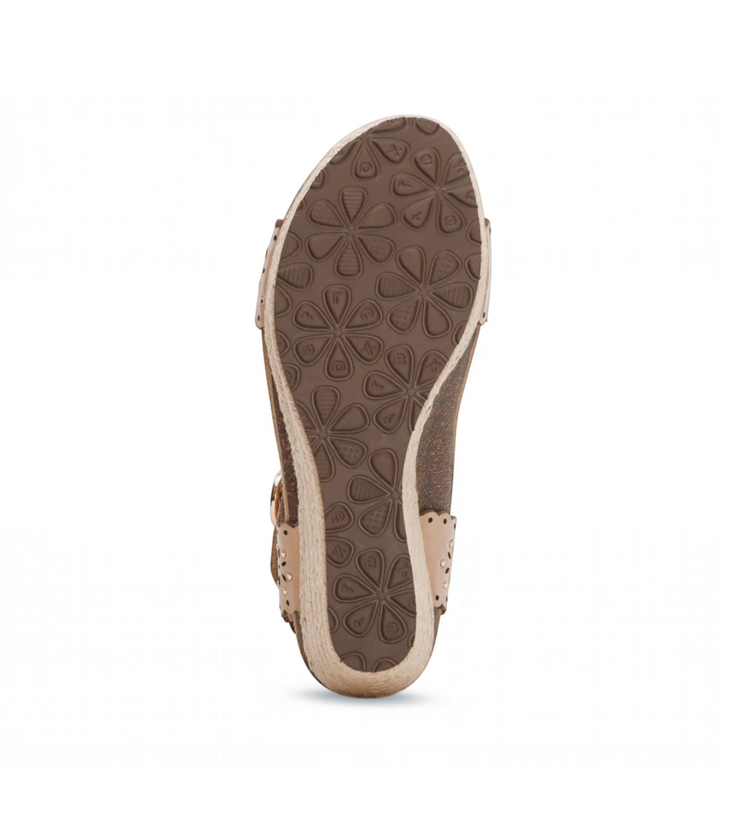 House of Florian Sydney sand espadrille wedge sandal showing the brown floral patterned rubber sole