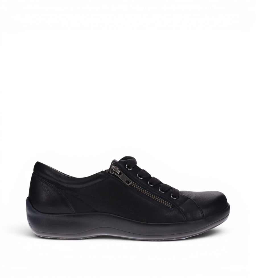 House of Florian Tampa W Black leather low-top sneaker with side zipper and lace-up detail.