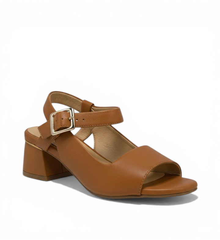 House of Florian Cenda W Tan leather block heel sandals with ankle strap and buckle.