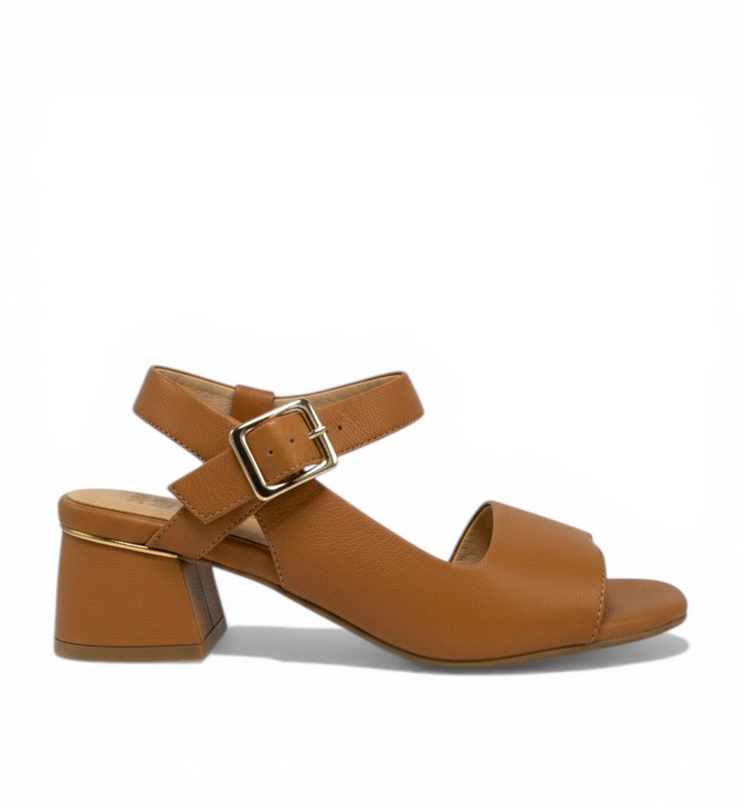 House of Florian Cenda W Tan leather block heel sandals with ankle strap and buckle detail.