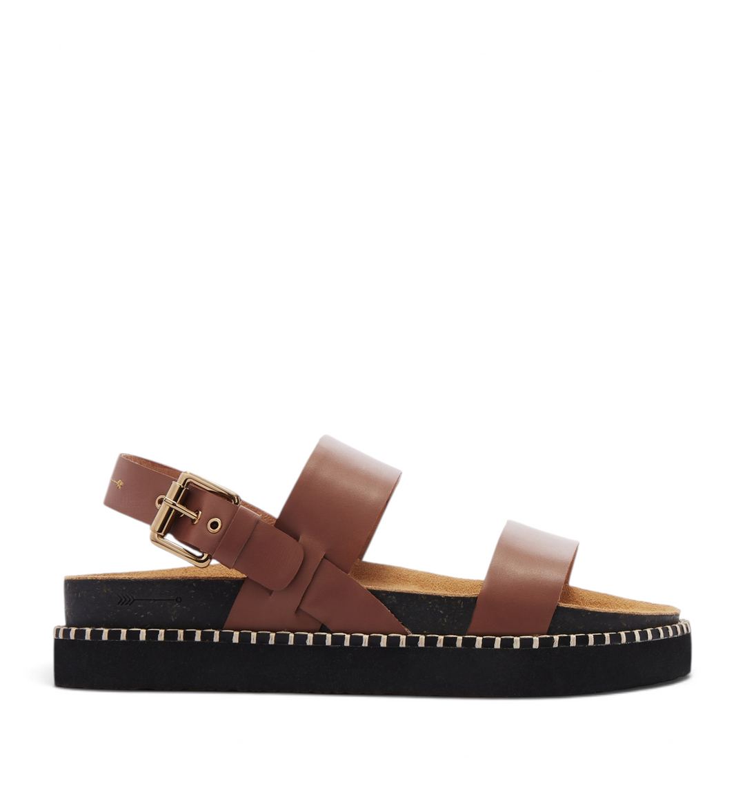 House of Florian Hunter Rich Tan leather sandal with a thick black platform sole and gold buckle side strap