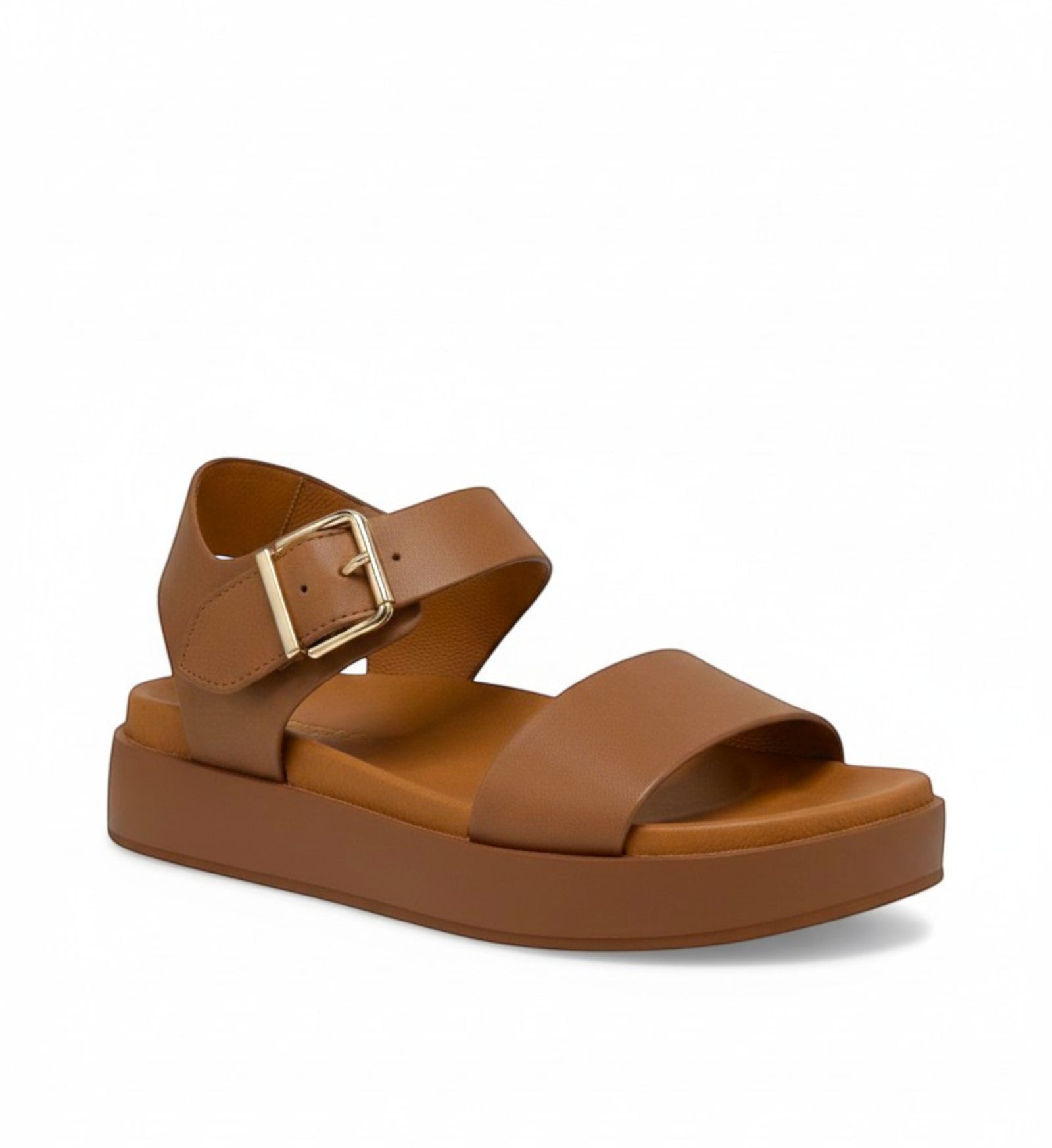 House of Florian Gerta W Tan leather platform sandals with ankle strap and gold buckle.