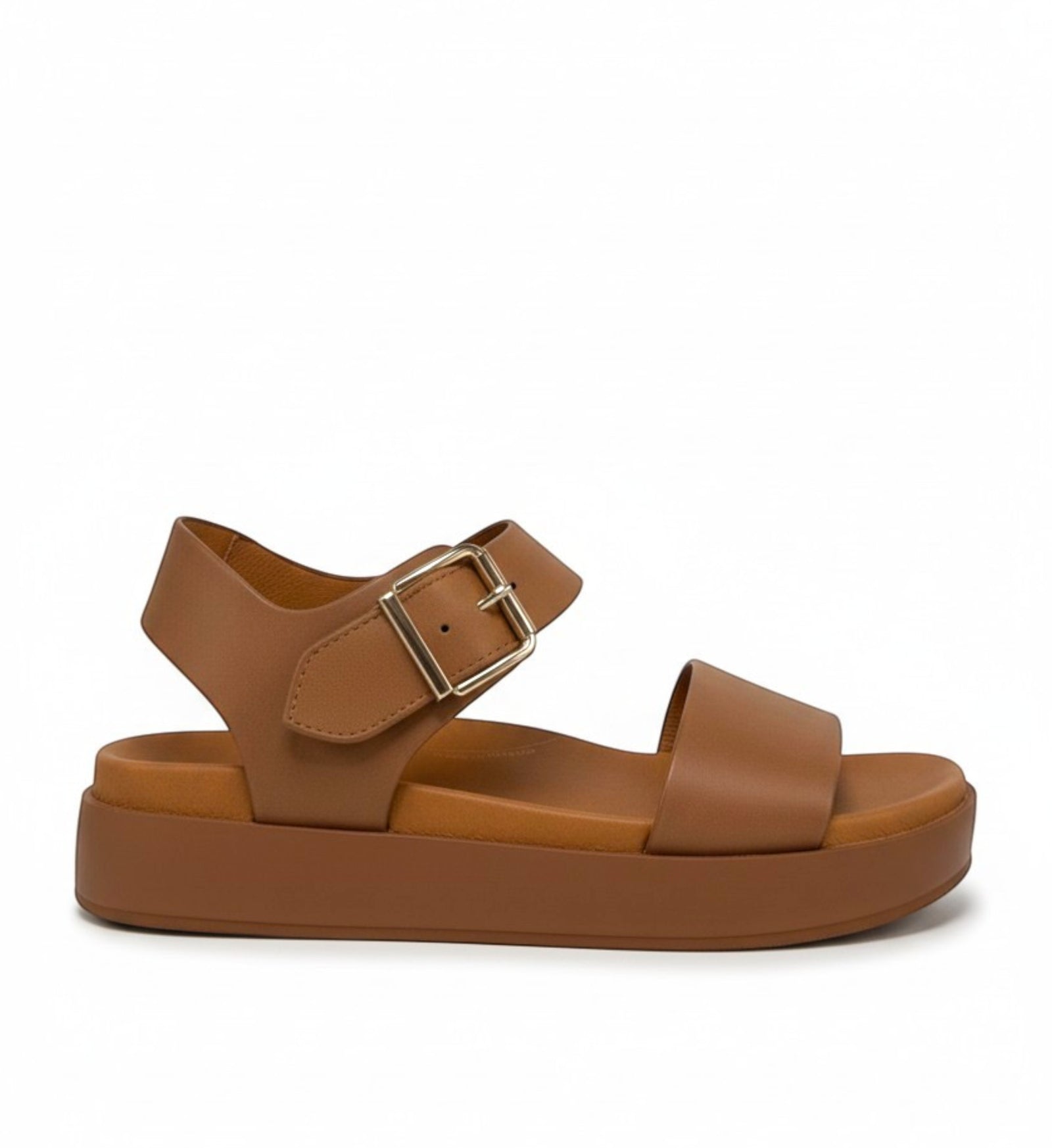 House of Florian Gerta W Tan leather platform sandals with adjustable ankle strap and silver buckle.