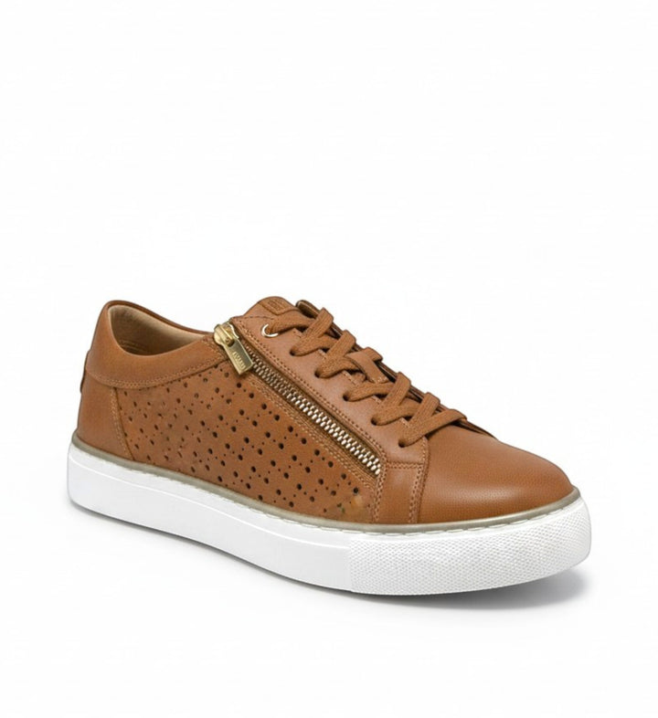 House of Florian Proya XF tan leather sneakers with white soles, perforated details, and a side zipper.