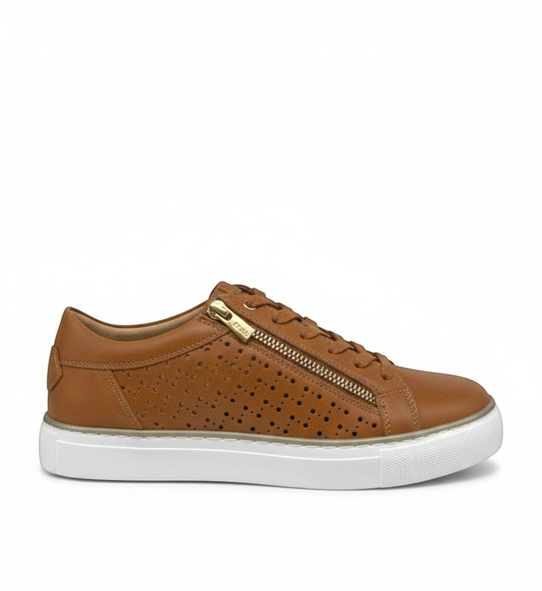 House of Florian Proya XF tan leather sneakers with white sole, perforated details and side zipper.