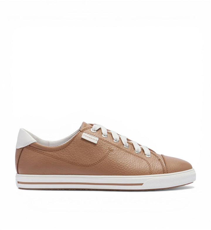 House of Florian Nat III Soft Tan Tumbled leather sneakers with white laces and white heel accent.