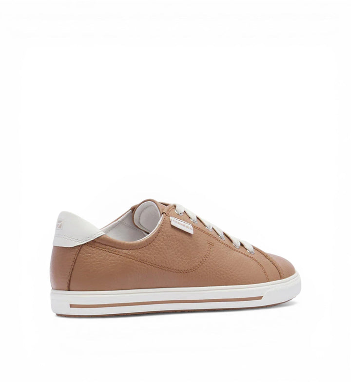 House of Florian Nat III Soft Tan Tumbled leather sneakers with white laces and white heel tab.