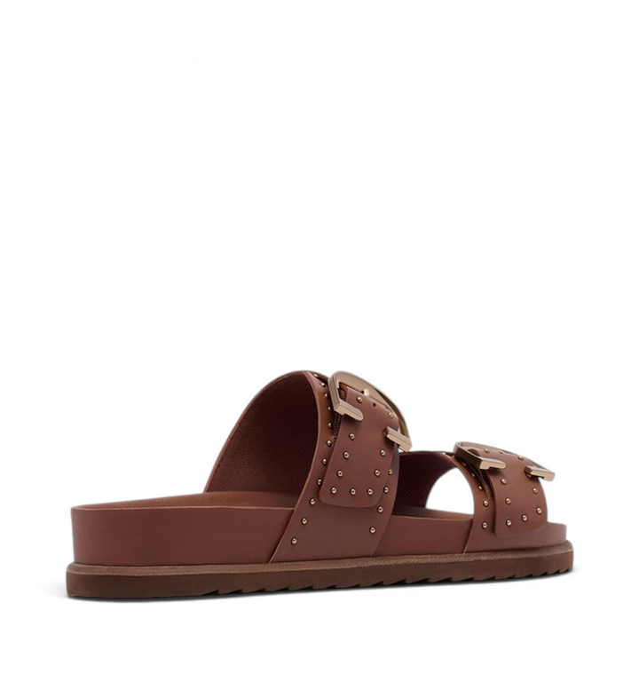 House of Florian Deon rich tan slide sandals with double buckled straps and gold stud detailing