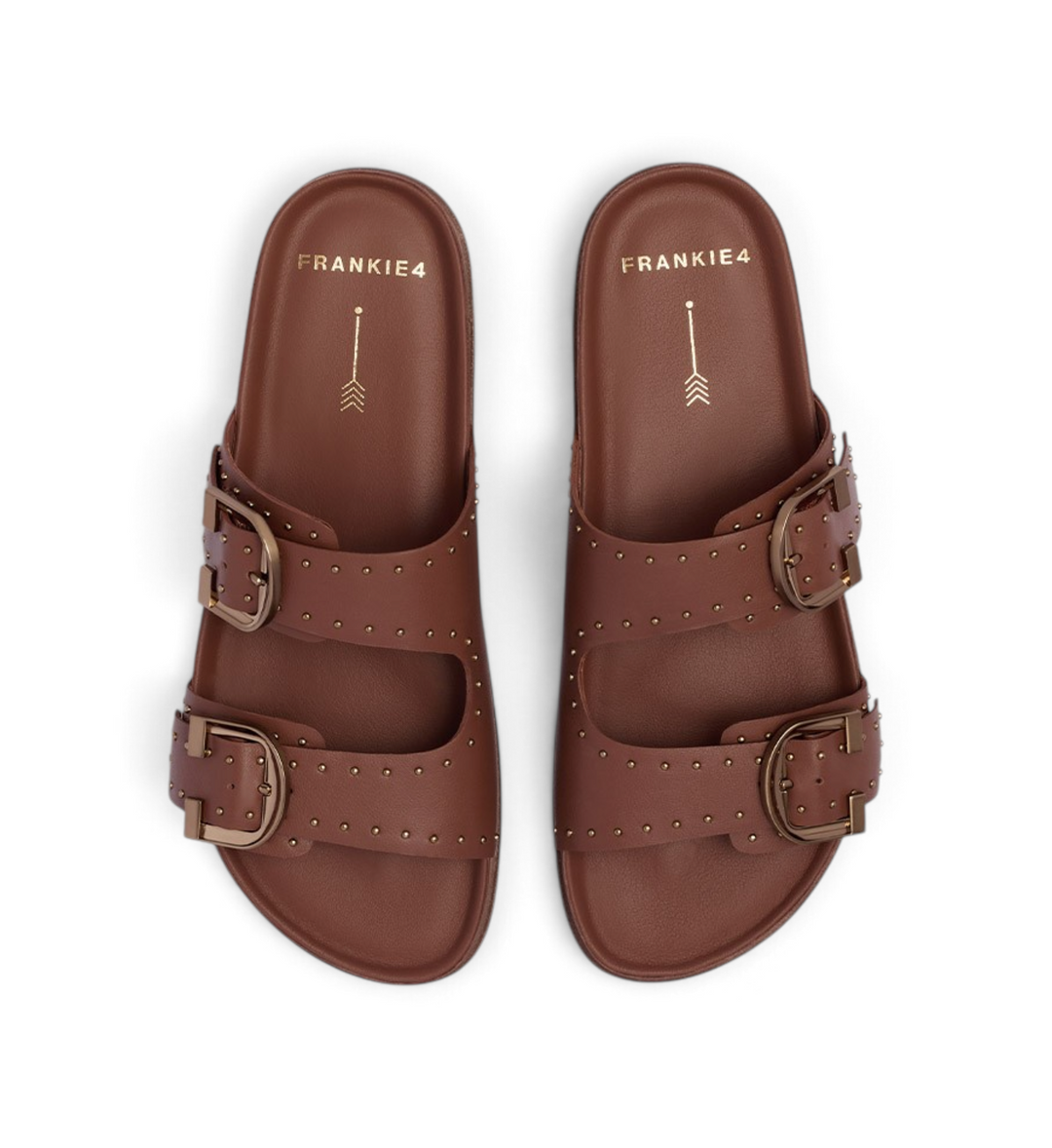 House of Florian Deon rich tan slide sandals featuring double buckle straps with gold stud detailing