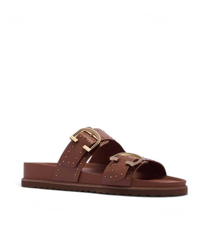 House of Florian Deon rich tan slide sandals with gold buckle hardware and decorative stud detailing