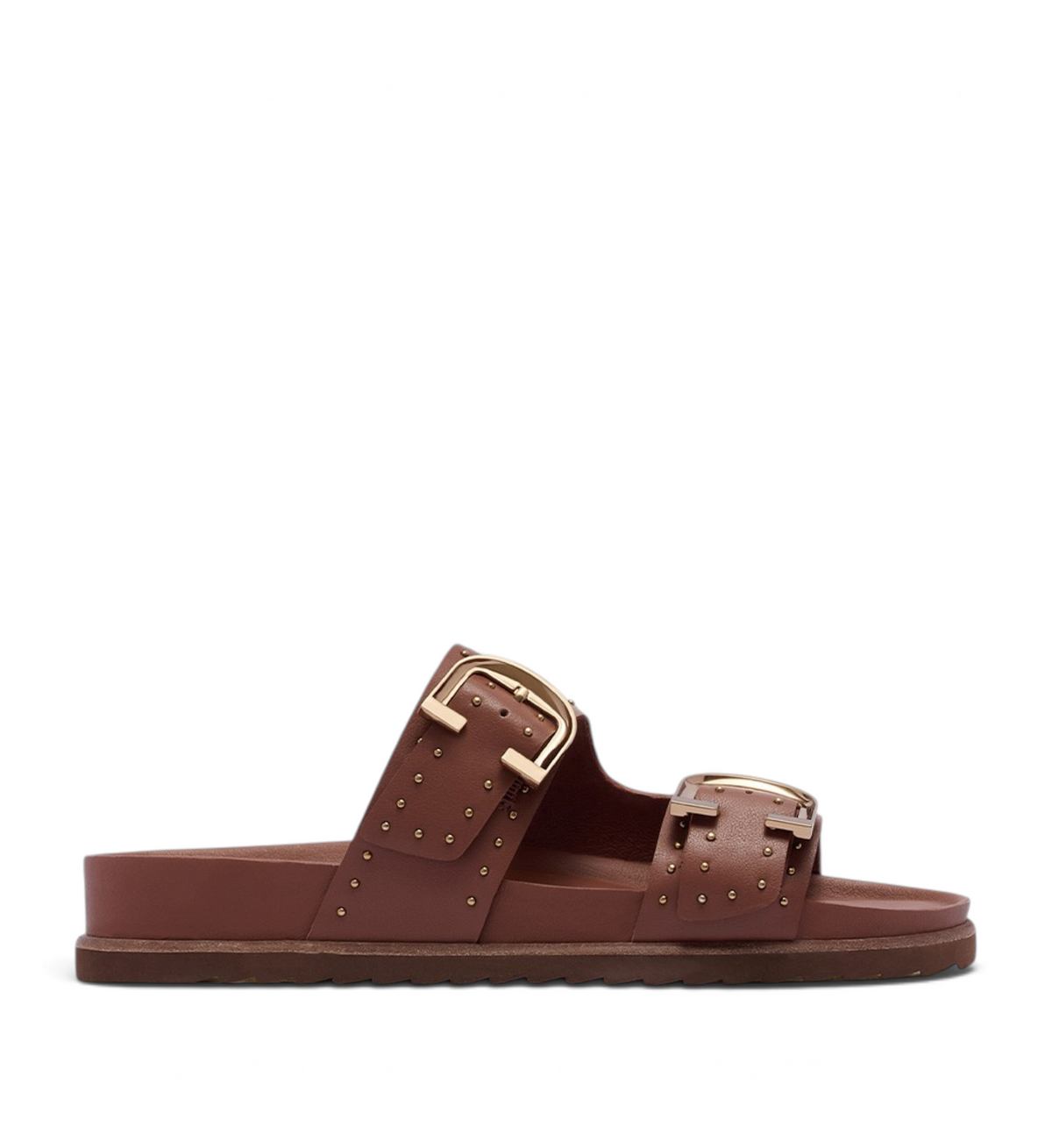 House of Florian Deon rich tan slide sandals featuring double straps, gold buckles, and decorative stud detailing.
