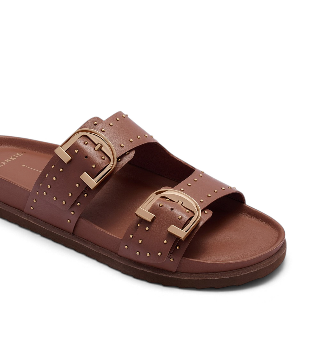 House of Florian Deon rich tan slide sandals with gold stud detailing and adjustable buckle straps