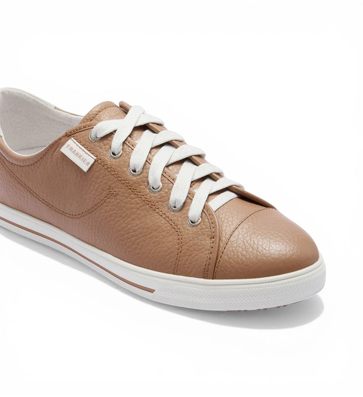 House of Florian Nat III Soft Tan Tumbled leather sneakers with white laces and soles.
