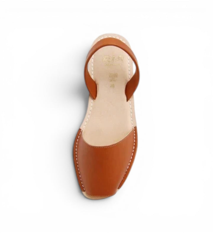 House of Florian Avila cushioned avarcas sandals in tan velvet with white stitching and slingback strap.