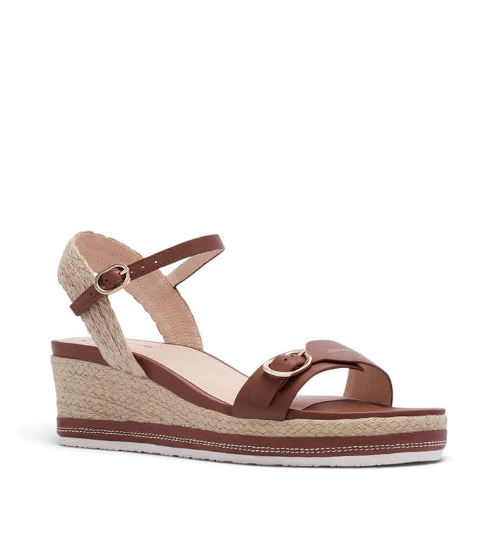 House of Florian Halle rich tan wedge sandal with an adjustable ankle strap and jute-wrapped platform sole