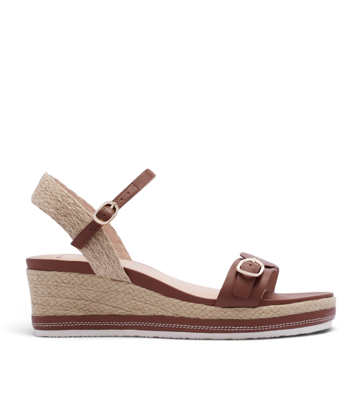 House of Florian Halle rich tan wedge sandals featuring a buckle strap and woven jute platform sole