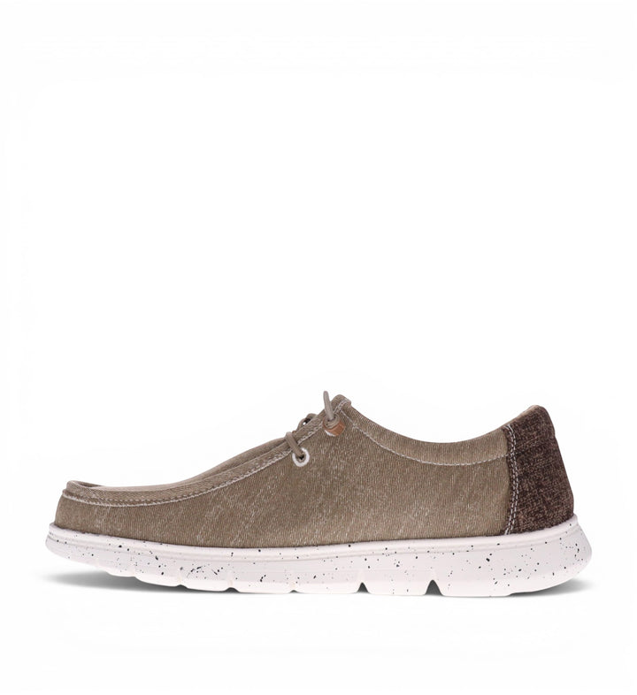 House of Florian Hipster Taupe casual slip-on shoe with canvas upper, dark brown heel, and white speckled sole.