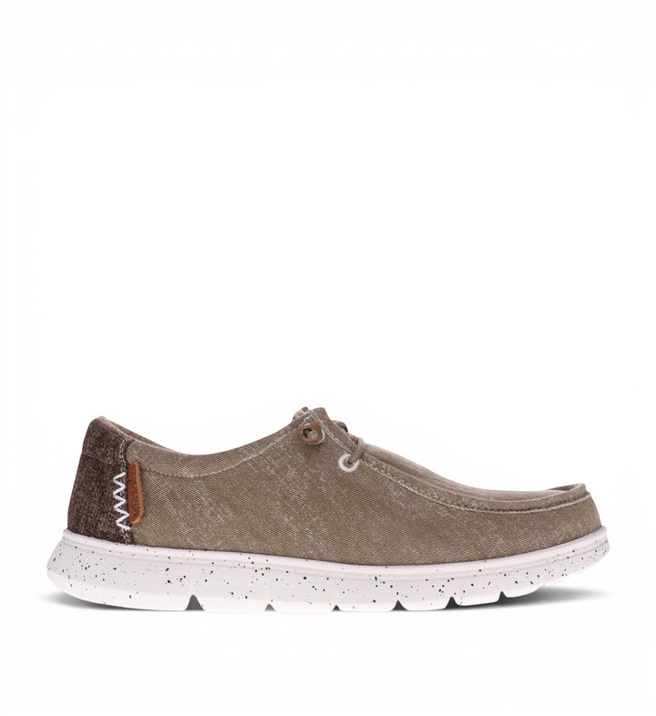 House of Florian Hipster Taupe casual slip-on shoe with a distressed canvas upper and white speckled sole.