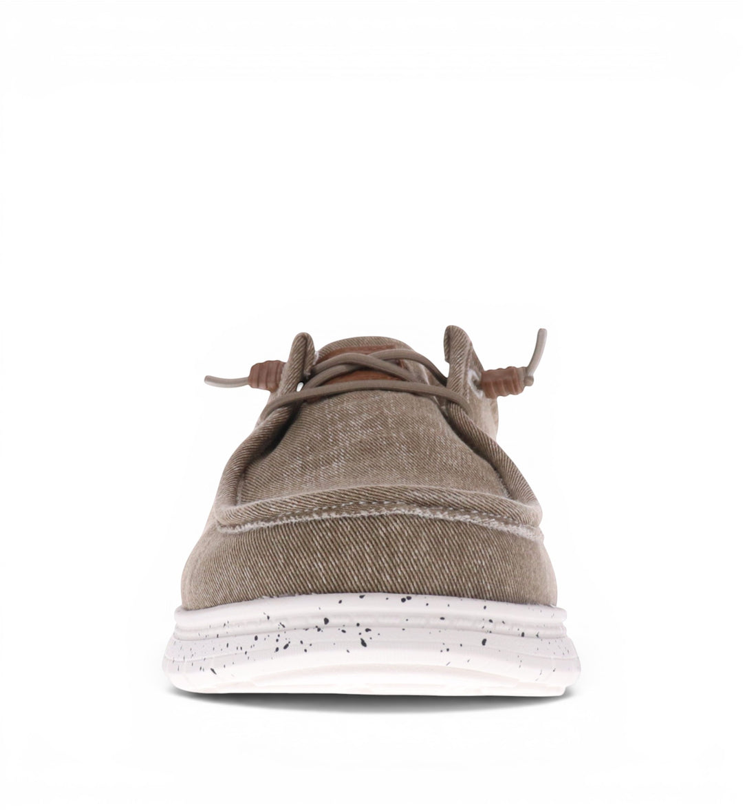 House of Florian Hipster Taupe slip-on canvas shoes with a white speckled sole and brown lace details.