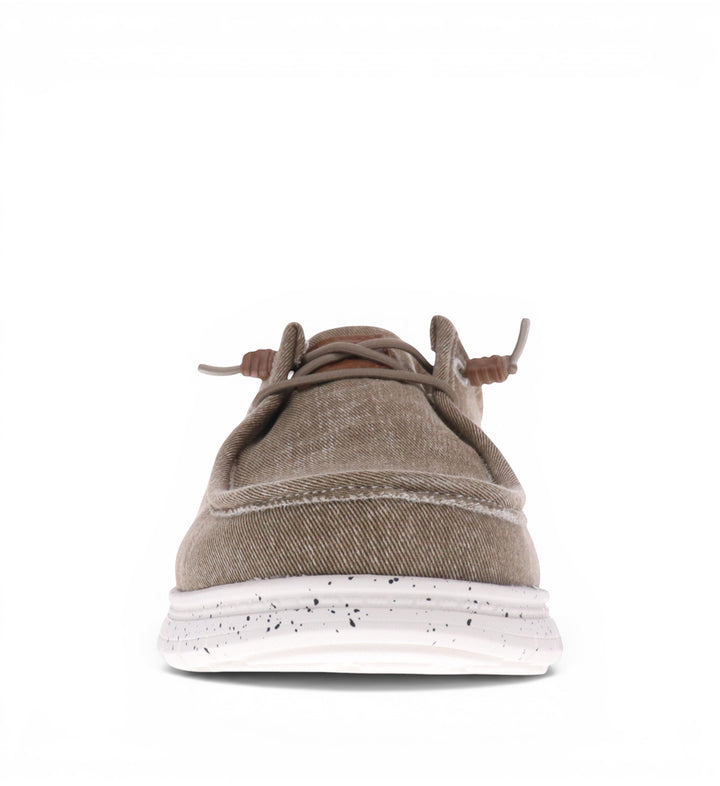 House of Florian Hipster Taupe slip-on canvas shoes with a white speckled sole and brown lace details.