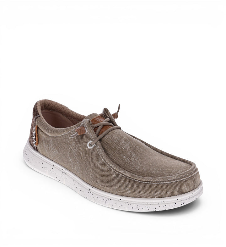 House of Florian Hipster Taupe slip-on casual shoe with distressed canvas upper and white speckled sole.