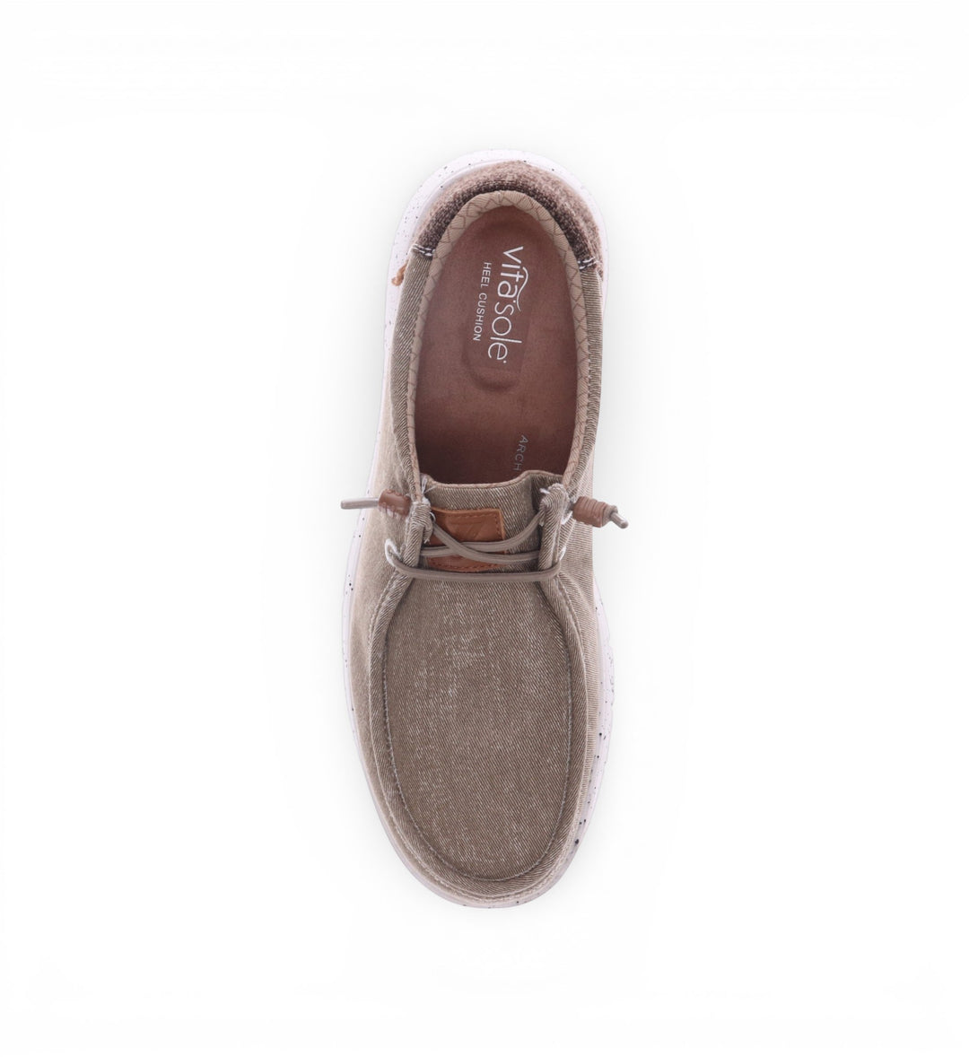House of Florian Hipster Taupe slip-on shoe with canvas upper, speckled white sole, and decorative lace detail.