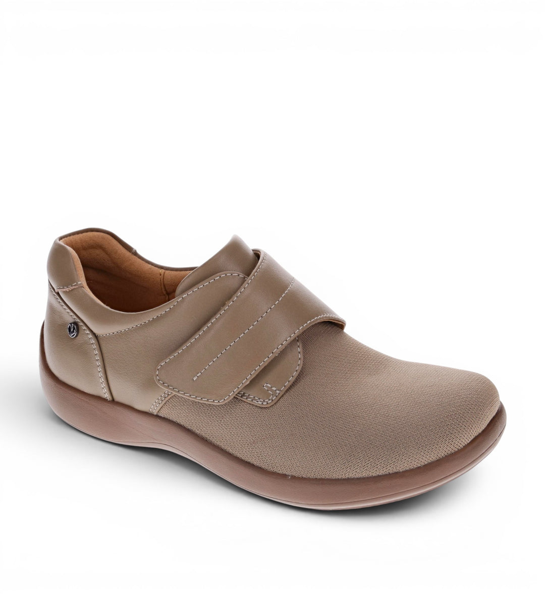 House of Florian REVERE Porto W Taupe leather and flyknit shoe with adjustable strap and arch support.