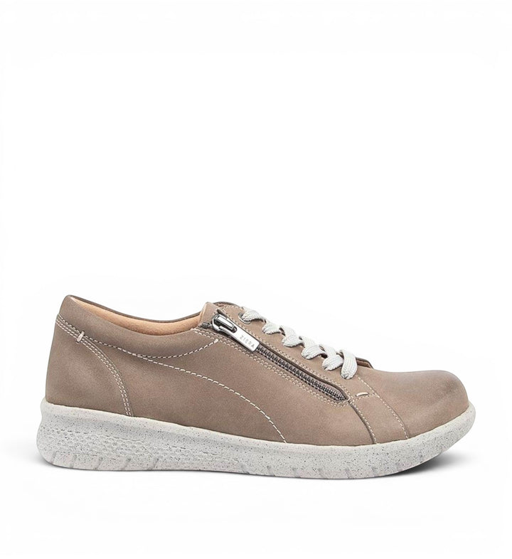 House of Florian Solar XF taupe nubuck leather sneaker with side zipper and white speckled sole