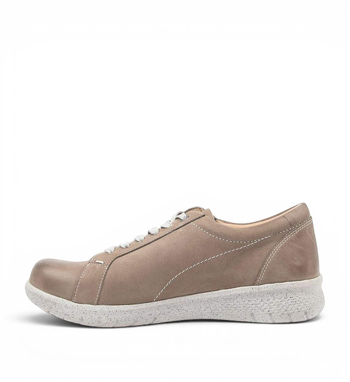 House of Florian Solar XF taupe nubuck leather sneaker with white speckled rubber sole and lace-up closure