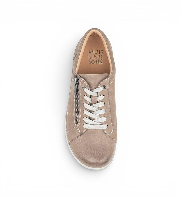 House of Florian Solar XF taupe nubuck leather sneaker with side zipper and white laces, top view.