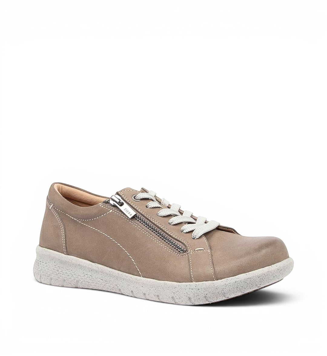 House of Florian Solar XF taupe nubuck leather sneaker with side zipper, white laces, and a textured grey sole.