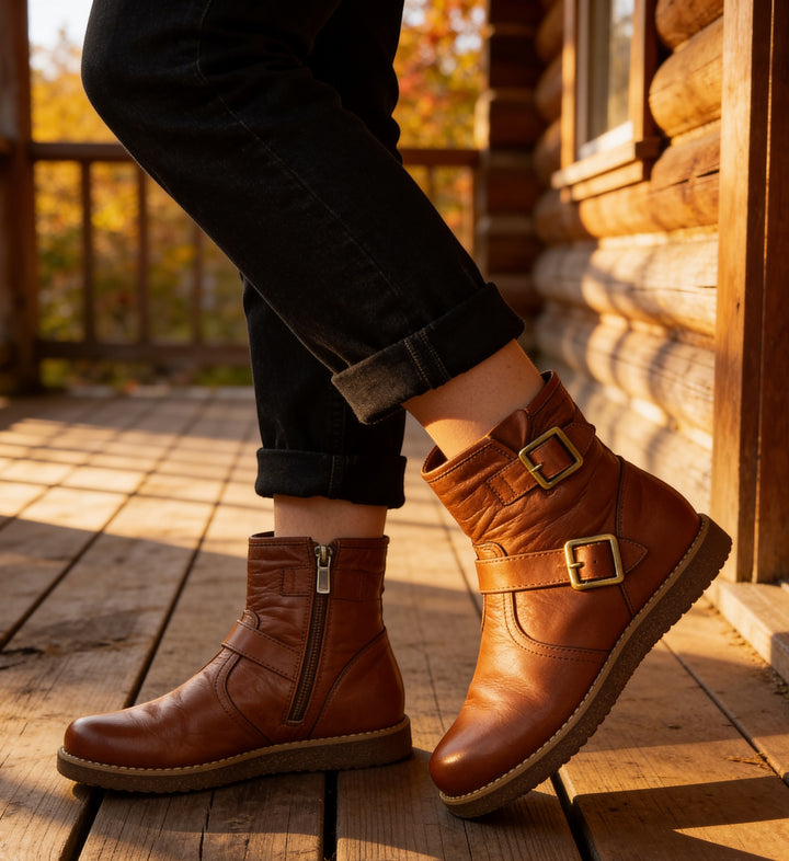 House of Florian Temora Chestnut leather ankle boots with side zip and buckle detail.