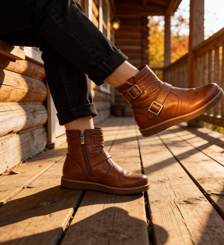 House of Florian Temora Chestnut leather ankle boots with side zip and buckle details.