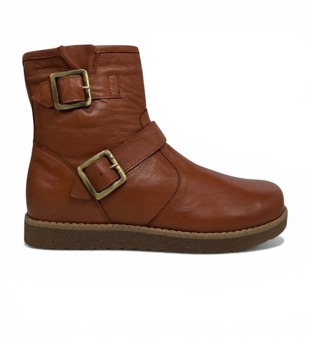 House of Florian Temora Chestnut leather ankle boots with buckle details and a low heel.