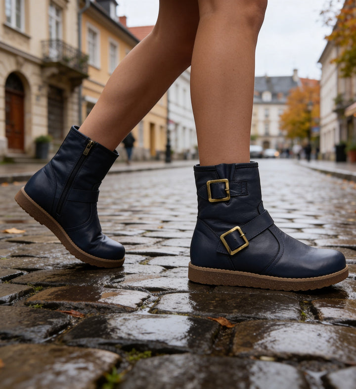 House of Florian Temora Navy leather ankle boots with buckle detail and side zip, for women.