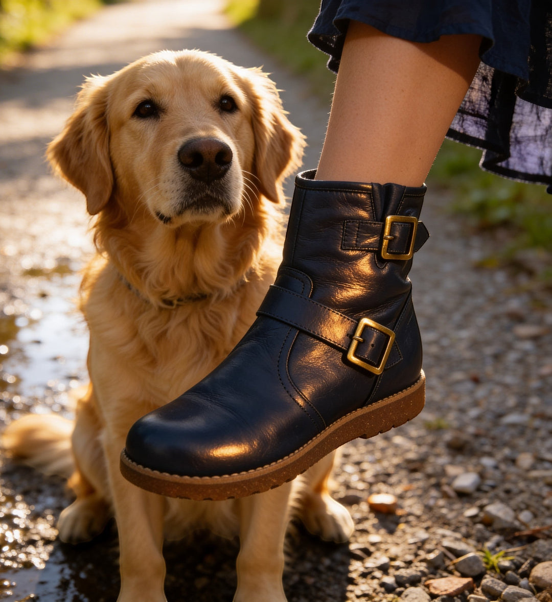 House of Florian Rilassare Temora Navy leather ankle boots with gold buckles and side strap detail.