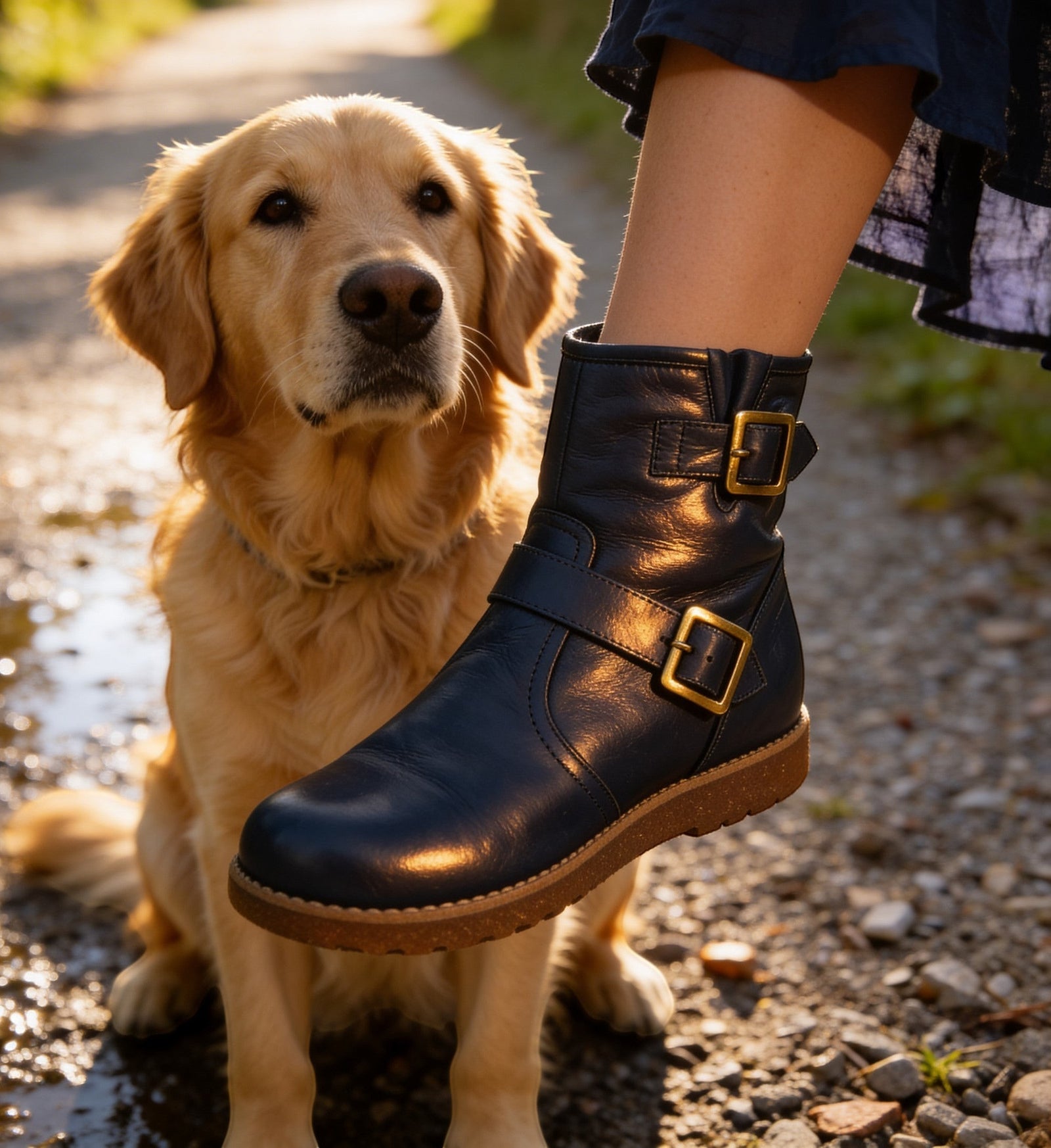 House of Florian Rilassare Temora Navy leather ankle boots with gold buckles and side strap detail.