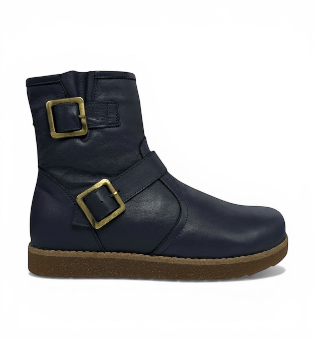 House of Florian Rilassare Temora Navy leather ankle boots with brass buckles and strap detail.