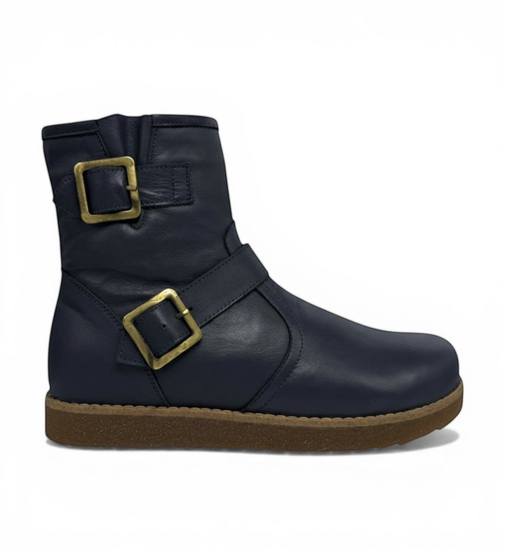 House of Florian Rilassare Temora Navy leather ankle boots with brass buckles and strap detail.