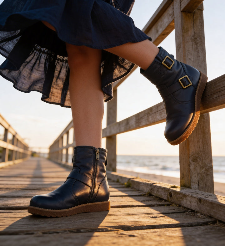 House of Florian Rilassare Temora Navy leather ankle boots with gold buckles and side strap detail, on a wooden boardwalk.