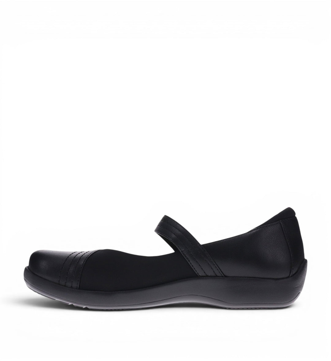 House of Florian REVERE Timaru W Black French mary jane shoe with neoprene panels and adjustable strap for comfort.