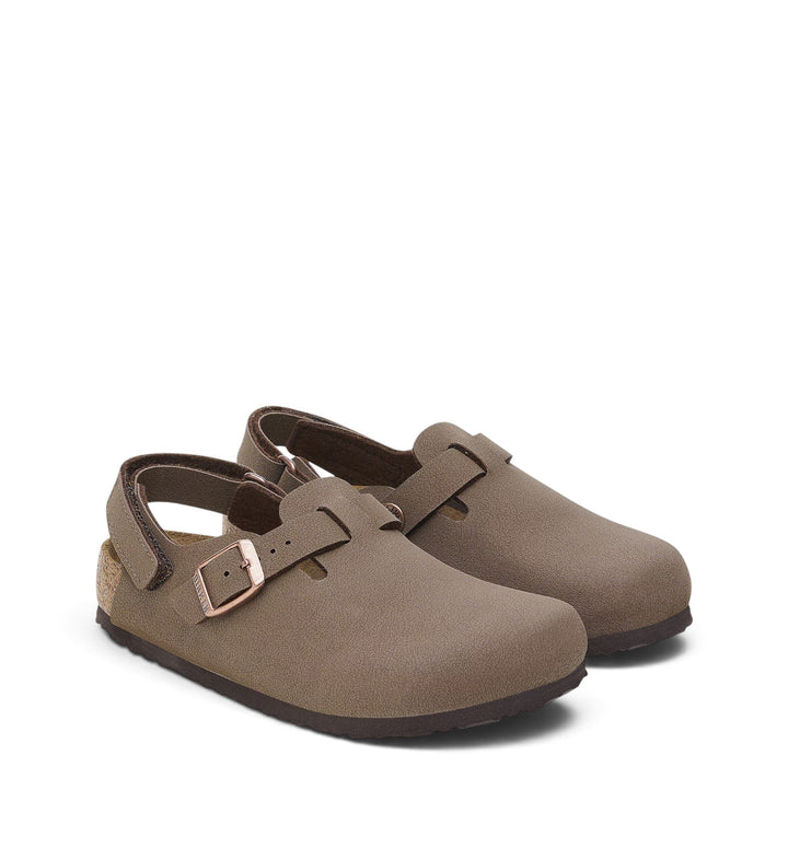 House of Florian Birkenstock Tokio kids clogs in mocha BirkiBuc with adjustable ankle strap and cork footbed