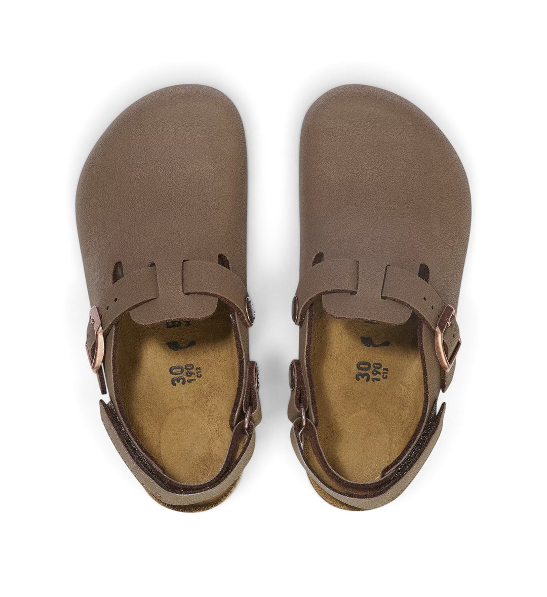 House of Florian kids Birkenstock Tokio clogs in mocha BirkiBuc with adjustable ankle straps and cork footbeds.