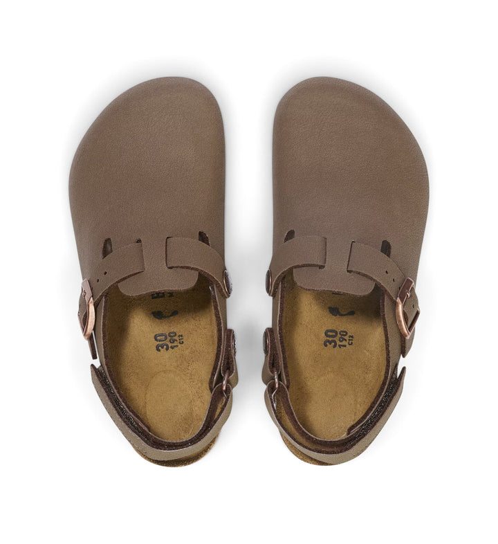 House of Florian kids Birkenstock Tokio clogs in mocha BirkiBuc with adjustable ankle straps and cork footbeds.