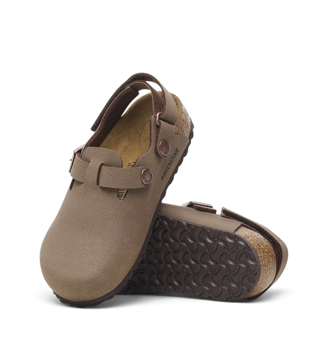 House of Florian Birkenstock Tokio kids clogs in mocca Birko-Flor with adjustable ankle strap and cork-latex footbed.