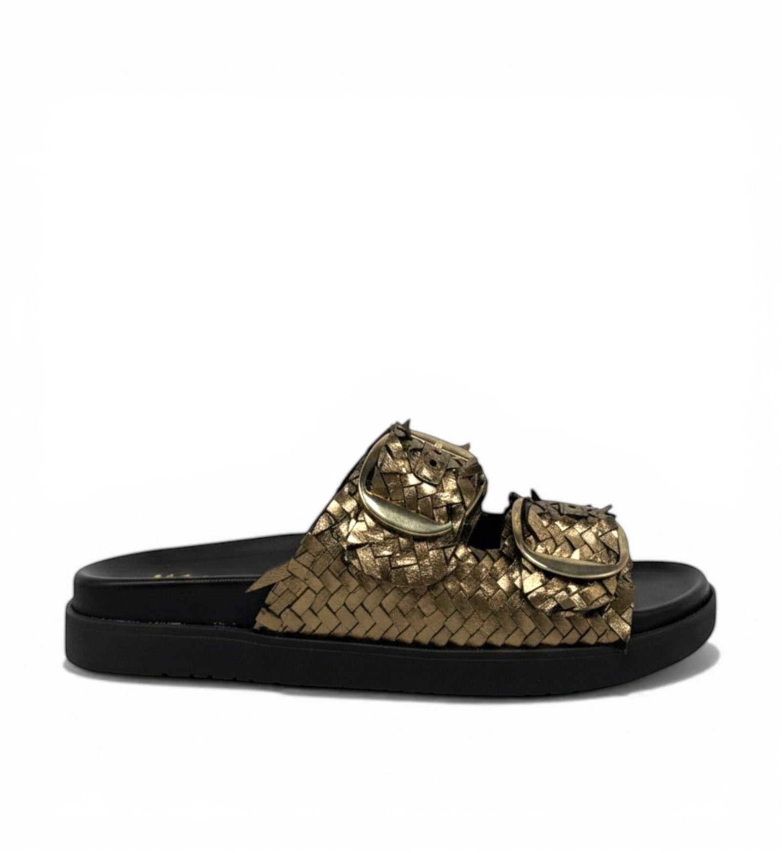 House of Florian Tyler Bronze woven leather slide sandals with double buckle detail.